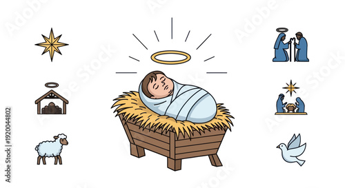 Baby Jesus Nativity Scene Icons: Birth, Star, Manger, Shepherd, Dove