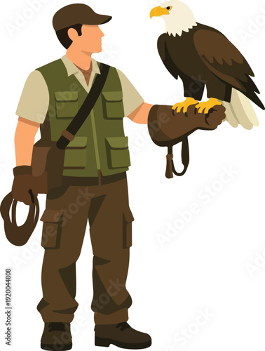 Falconry Training Eagle Handler Flat Vector Illustration featuring Professional Bird Trainer and Majestic Raptor for Wildlife Conservation and Nature Education Design
