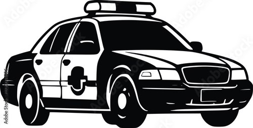 Black and White Vector Illustration of a Police Car, Classic American Sedan Style, Isolated on White Background. Clean Graphic for Emergency Services, Law Enforcement, or Transp...