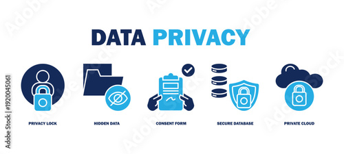 data privacy banner web icon vector illustration featuring icons of privacy lock, hidden data, consent form, secure database, private cloud.