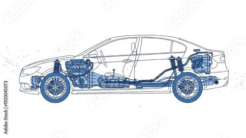 Detailed vehicle autocad blueprint diagram showing mechanical components and internal systems of a modern car in a technical side-view illustration