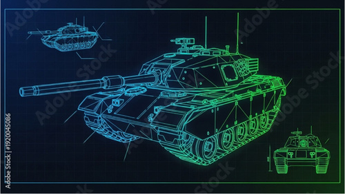 Detailed vehicle autocad blueprint of armored tanks displayed in a technical illustration showcasing various viewpoints