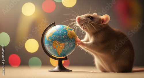 Curious brown rat exploring a colorful globe with bokeh lights in the background symbolizing adventure and discovery