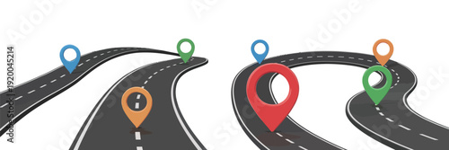 Winding 3D road with pins, business journey map infographic, wavy way in perspective view, abstract travel street, workflow process chart, timeline, and vector flowchart templates for presentation 