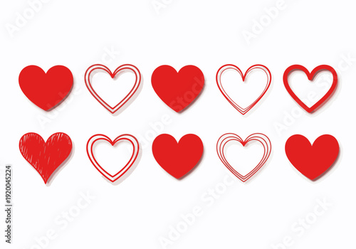 Collection of red hearts on white background.