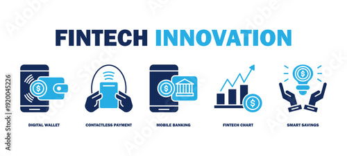 fintech innovation banner web icon vector illustration featuring icons of digital wallet, contactless payment, mobile banking, fintech chart, smart savings.