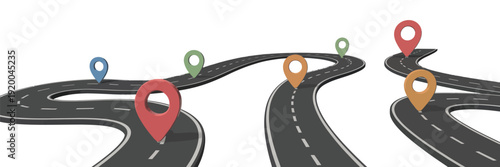 Winding road infographic vector, 3D business journey map, wavy street in perspective, workflow process chart, timeline, and abstract travel route design for planning, business, and creative projects.