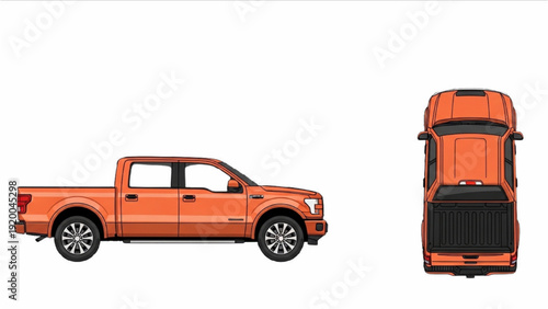 Detailed vehicle autocad blueprint of an orange pickup truck viewed from side and top on a clean background