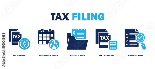 tax filing banner web icon vector illustration featuring icons of tax document, deadline calendar, receipt folder, tax calculator, audit checklist.