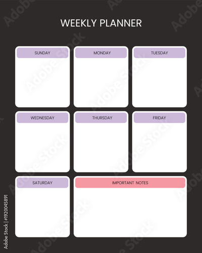 Weekly Planner Template with Purple Headers and Important Notes Section