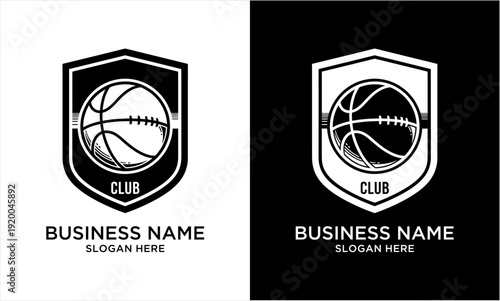 Basketball Club Emblem with Shield Design in Black and White.
