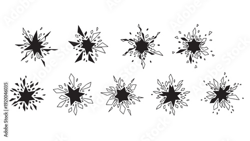 Abstract splatter star burst collection for dynamic graphic design, explosive visual effects, energy themed branding, action oriented marketing, and creative impact illustration resources
