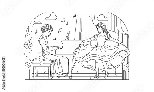 Young boy playing piano while girl dances gracefully beside him.