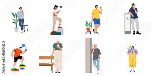 Diverse people engaged with smartphones, communicating, browsing, and interacting with mobile technology in various everyday situations and settings.