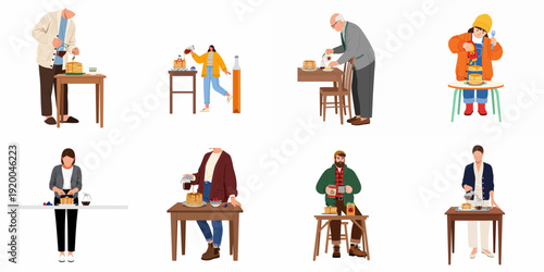 Diverse individuals enjoy delicious pancakes with maple syrup and fresh berries, celebrating breakfast and sweet moments together.