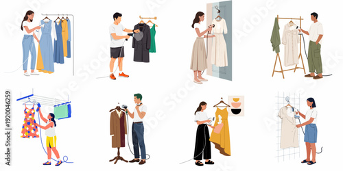 Diverse individuals efficiently steaming clothes for wrinkle removal and garment care, showcasing modern household and fashion preparation.
