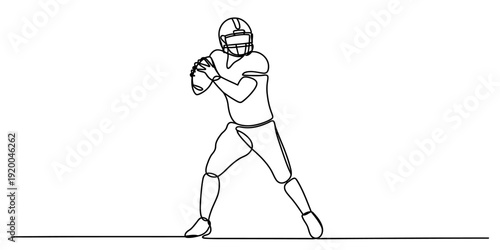 Continuous line drawing of an american football quarterback preparing to throw a pass on the field.