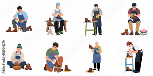 Diverse individuals meticulously cleaning and polishing brown leather boots, showcasing various shoe care methods and tools in detailed vector illustrations.