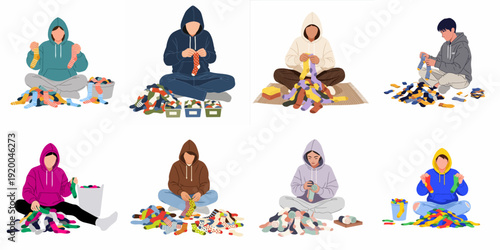 Diverse individuals in hoodies sorting and folding a large pile of colorful, patterned socks in a casual home setting.