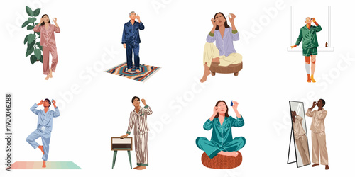 Diverse people in pajamas applying skincare products, performing self-care, and engaging in morning/evening wellness routines at home.