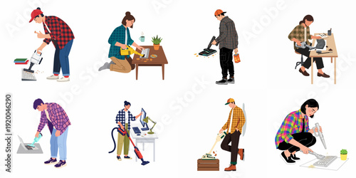 Collection of people cleaning dusty and crumb-filled computer keyboards and laptops with portable vacuum cleaners, emphasizing hygiene and maintenance.