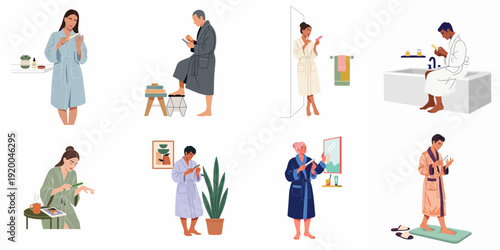 Diverse people in comfortable bathrobes performing various self-care and personal grooming routines in their homes.