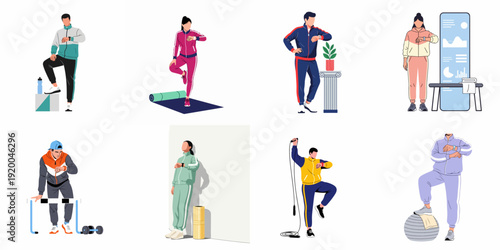 Diverse Individuals Tracking Fitness Progress with Smartwatches. People monitor health data during various exercises and wellness activities, showcasing wearable technology for active lifestyles.