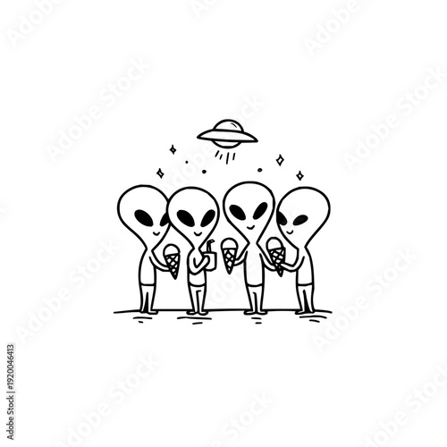 Aliens abducting humans ufo flying above cartoonish black and white illustration sci fi humor