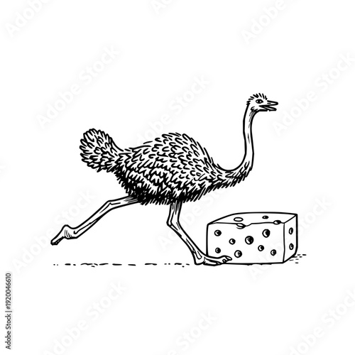 Ostrich runs with a large dice symbolizing chance and movement in a playful illustration