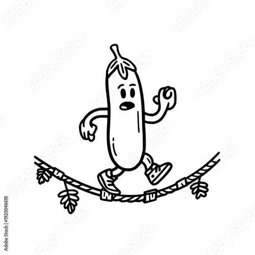 A cartoon cucumber character balancing on a tightrope with a worried expression in a black and white illustration