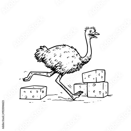 Ostrich runs with cheese blocks illustration of a bird in motion humorous scene with a fowl and dairy products