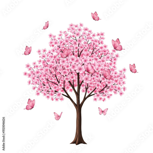 A beautiful pink blossom tree with butterflies fluttering around it isolated on transparent background