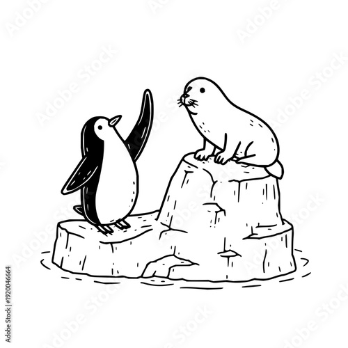 Penguin and seal on iceberg black and white illustration wildlife scene arctic landscape animal friends