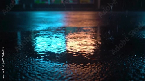 Cinematic Raindrops Splashing in Asphalt Puddle with Cyberpunk Neon Reflections at Night