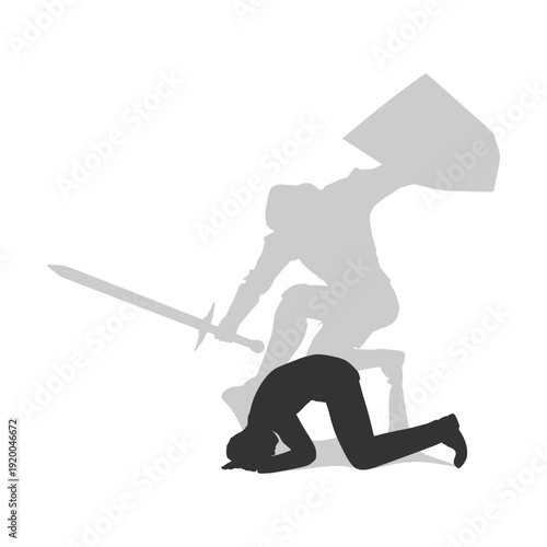 Businessman dreams of becoming a warrior. Handsome young man kneeling and praying, casting knight shadow. Motivational and personal development, internal struggle. Religion and social concept.