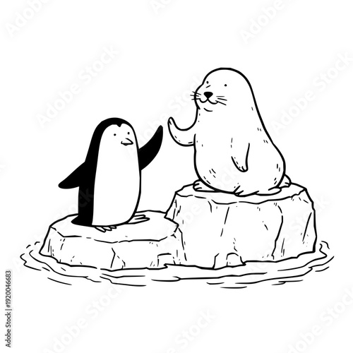 Friendly penguin and seal high five on icebergs in water illustration