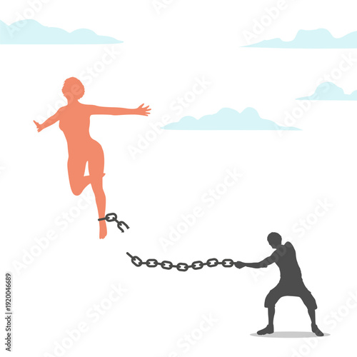 Woman escape. Freed from domestic violence, abuse. Happy female character unlock chain and run away. Positive female jumping out of broken chains. Fly away for better life, hope and liberty.
