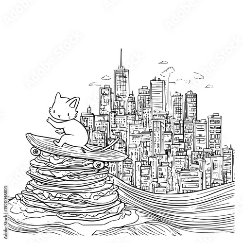 Whimsical cat surfing on stacked skateboards with urban cityscape background
