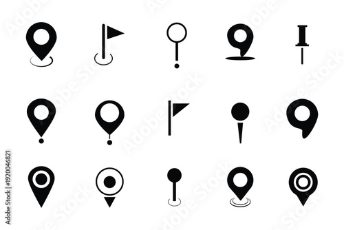 location icon, map pin icons in outline, black, and red styles. for maps, GPS, navigation apps, location markers, address indications, and geolocation interfaces