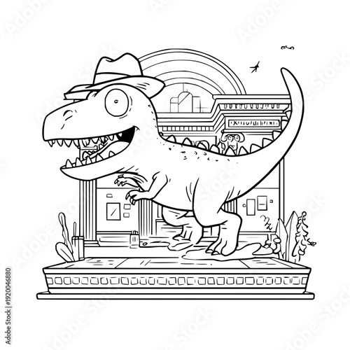 Smiling t rex wearing a cowboy hat on a stage in front of a building with a rainbow