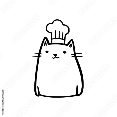 Cartoon cat in chef hat smiling on white background simple line drawing