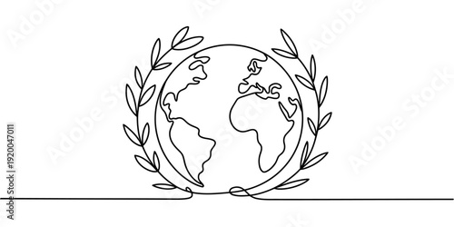 Continuous line drawing of the planet earth globe surrounded by a laurel wreath for peace