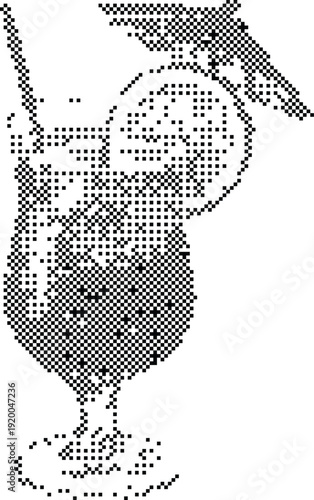 A pixelated image of a cocktail glass with a straw and umbrella