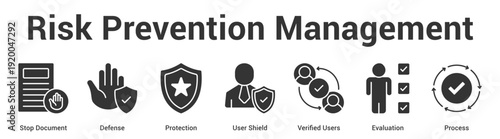 Risk Prevention Management web banner icon set vector illustration concept for business with icon of Stop Document, Defense, Protection, User Shield, Verif.