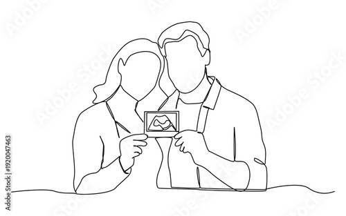 Continuous one line drawing of couple showing ultrasound photo card of pregnancy, vector illustration.