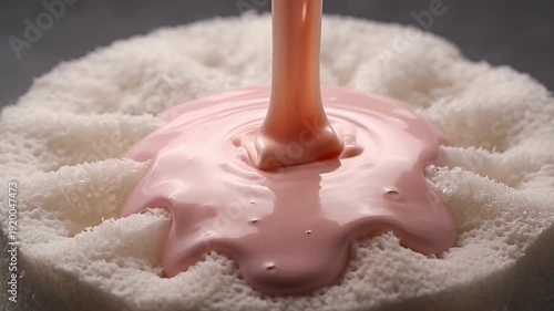 Extreme Macro of Glossy Pink Liquid Absorbed by Fluffy Organic Sponge Satisfying ASMR