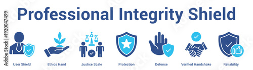Professional Integrity Shield web banner icon set vector illustration concept for business with icon of User Shield, Ethics Hand, Justice Scale, Protection, Defen.