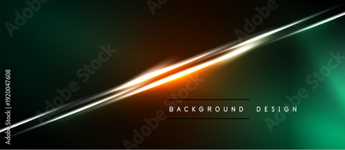 Abstract background features dynamic lines, gradients. Orange glow contrasts dark teal, black shades. Modern design element.