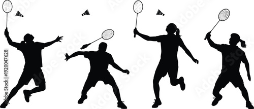 Set of badminton player silhouettes in action including jumping, smashed shot, and serving, professional athletes playing sports with rackets and shuttlecocks, vector.