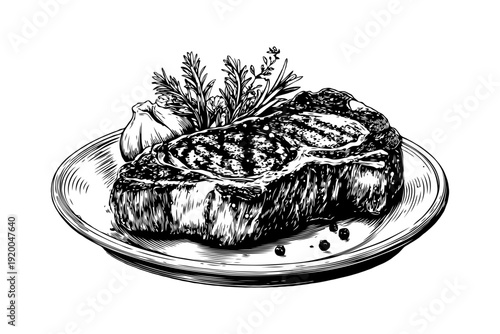 Grilled steak served on a plate with herbs and garlic, hand-drawn sketch style, isolated on white background, concept of gourmet food illustration